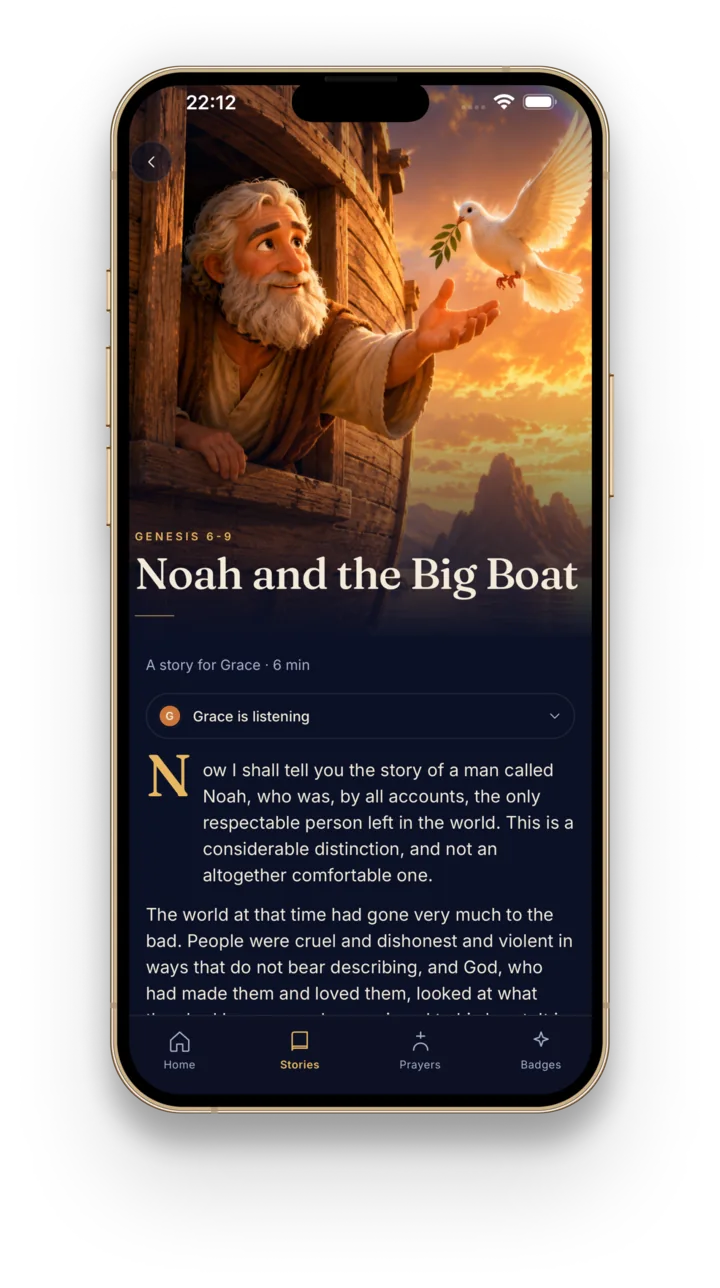A Bedtime Bible story open on an iPhone: Noah and the Big Boat