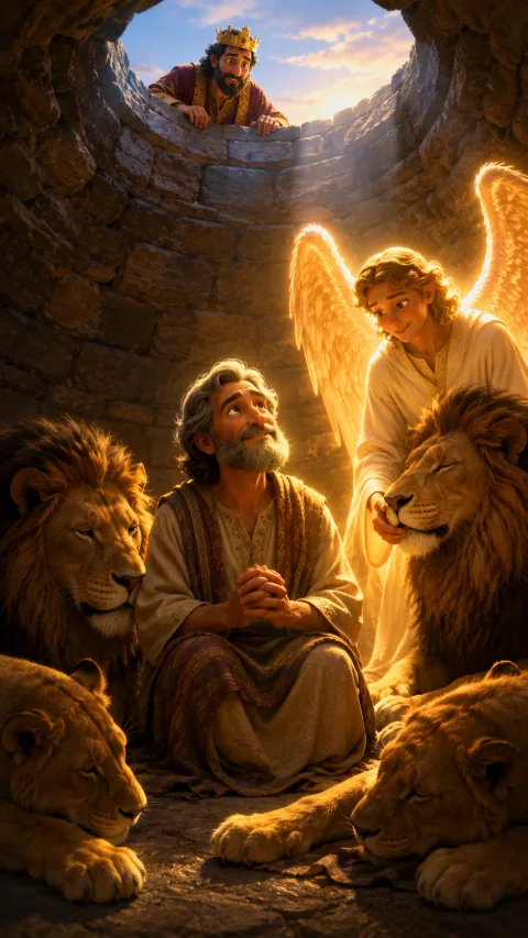 Daniel prays peacefully among lions while an angel stands beside him