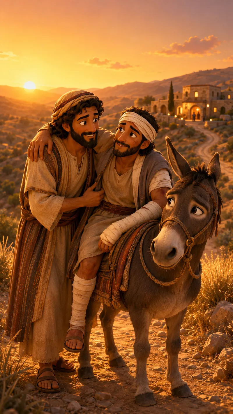 Illustration of the Good Samaritan kneeling on a stony road to bandage an injured traveler, his donkey waiting beside them