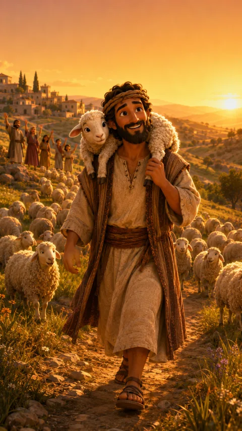 The shepherd carries the found sheep home across sunset hills